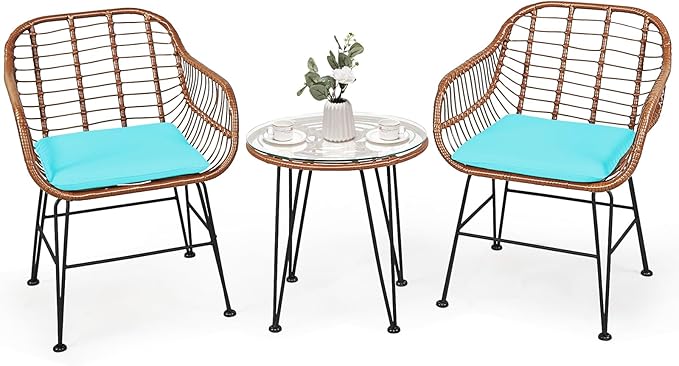 COSTWAY 3 Pieces Patio Bistro Set, Outdoor Rattan Conversation Seating Chair Set with Coffee Table & Soft Cushions, Indoor Wicker Furniture Set for Garden, Balcony, Porch, Pool, Turquoise