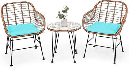 COSTWAY 3 Pieces Patio Bistro Set, Outdoor Rattan Conversation Seating Chair Set with Coffee Table & Soft Cushions, Indoor Wicker Furniture Set for Garden, Balcony, Porch, Pool, Turquoise