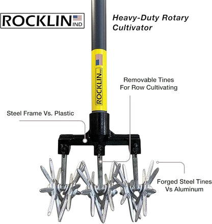 Rocklin New Heavy-Duty Rotary Cultivator Tool - 2X the Steel - 60” Extra Long Handle - Steel Tines - Heavy Duty - for All Soils - Till, Aerate, Weed, or Mix