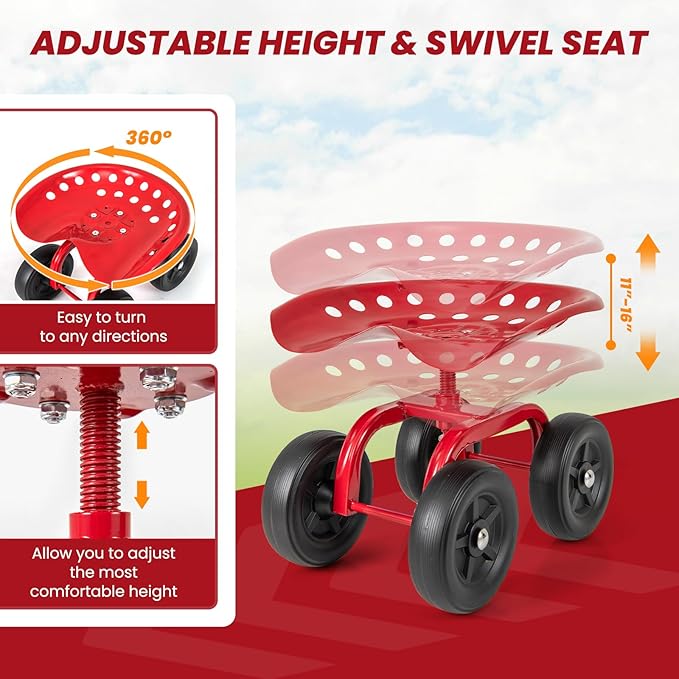 Giantex Garden Cart, Rolling Workseat with 4 Wheels, Garden Stool 360° Swivel Work Seat & Adjustable Height, Heavy Duty Wagon Scooter for Gardening for Patio Garden, Lawn, Yard (Red)