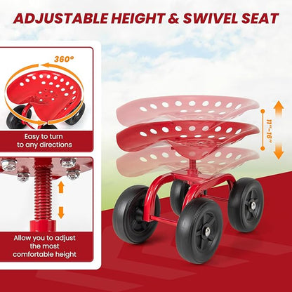 Giantex Garden Cart, Rolling Workseat with 4 Wheels, Garden Stool 360° Swivel Work Seat & Adjustable Height, Heavy Duty Wagon Scooter for Gardening for Patio Garden, Lawn, Yard (Red)
