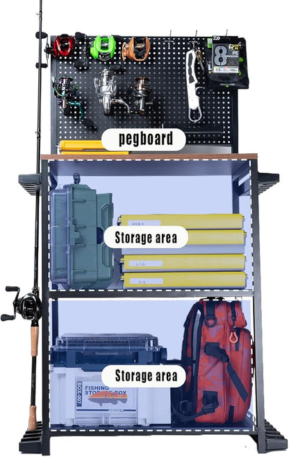 Fishing Rod Holders for Garage 3-Tier, Integrated structure extremely stable, Gear Storage for Up to 12 Rods with Hooks & Wheels, for Rod, Tackle Box, Reel Storage (6 hooks 1 trays 4 wheels)