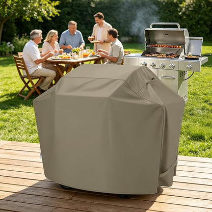 SunPatio Gas Grill Cover 60 Inch, Heavy Duty Waterproof Outdoor Barbecue Cover with Sealed Seam, FadeStop Material, All Weather Resistant Compatible for Weber CharBroil Nexgrill Grills and More, Taupe