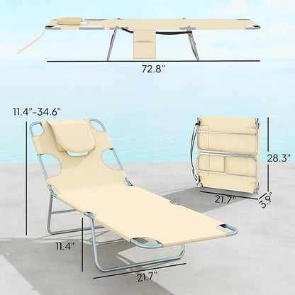 Outsunny Chaise Lounge Chair Outdoor Set of 2 w/Face Arm Hole Beige | 5-Position Reclining, Face Down, Carry Strap, Side Pocket, Portable, Folding Tanning Bed Cot, for Patio Beach Pool