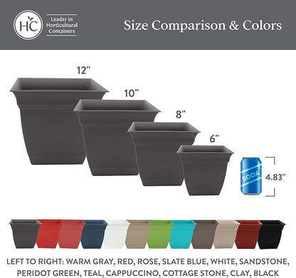 The HC Companies 8 Inch Eclipse Square Planter Pots with Drainage Holes & Attached Saucer, Lightweight UV-Resistant Plastic Indoor Outdoor Planters, 4-Pack Flower Pots for Garden & Home Decor, Red