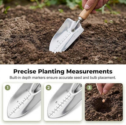 Gardening Tools 5 Piece Heavy Duty Rust Resistant Set, Premium Stainless Steel Yard Work Kit with Ergonomic Wooden Handles, Vintage Floral Tote Bag Storage, Planting Gifts for Women (A)