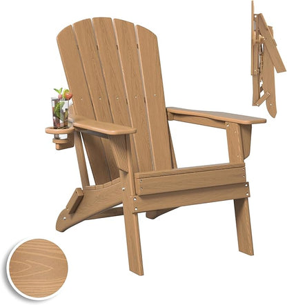 Plawdlik Folding Adirondack Chair, SGS Tested, Wooden Textured with Cup Holder, Heavy All-Weather HDPE Comfortable Set Poolside Backyard Lawn Teak