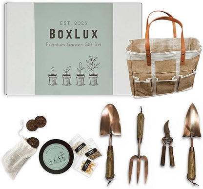 Copper Gardening Tools Gift Set, Over 1,700 Non GMO Vegetable Seeds, Heavy Duty Steel Tools for Planting, Garden Tool Kit for Women with Handbag and Coco Coir Soil Pellets, Birthday Gardening Gift Box