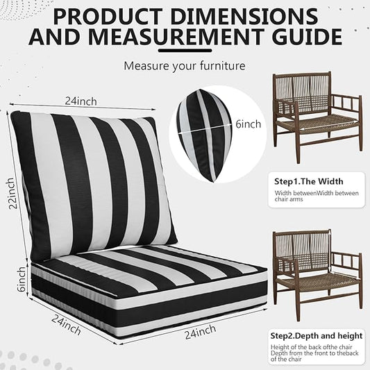 24" x 24" x 6" Outdoor Deep Seat Cushions Set - 2 Set Waterproof & Fade Resistant Patio Furniture Replacement Cushions, Non-Slip Outdoor Cushions Fit Loveseats, Couches, Chairs, and Sofas.