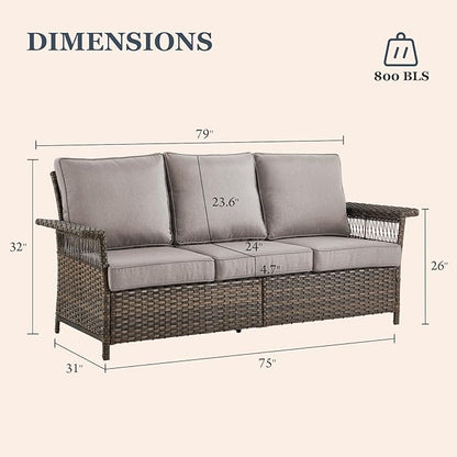 Wicker Patio Furniture Set - 7pcs Rattan Sofa, Chairs, Ottomans, Coffee & Side Tables with Grey Cushions