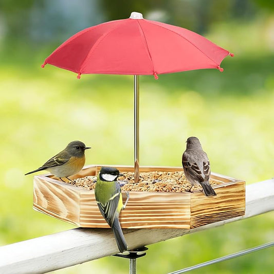 MIXXIDEA Bird Feeder Tray for Railing, Balcony Platform Deck Bird Feeders for Outside, Sturdy Wooden Birds Feeder for Attracting Wild Birds (Brown)