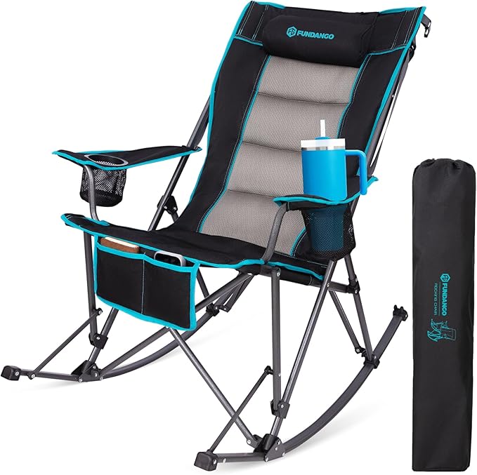 FUNDANGO Oversized Rocking Camping Chair for Adults, High Back Padded Folding Lawn Chairs with Pillows, Wide Armrest, 2 Cup Holders, Carry Bag for Patio Garden Outdoor Supports 440Lbs (Black)