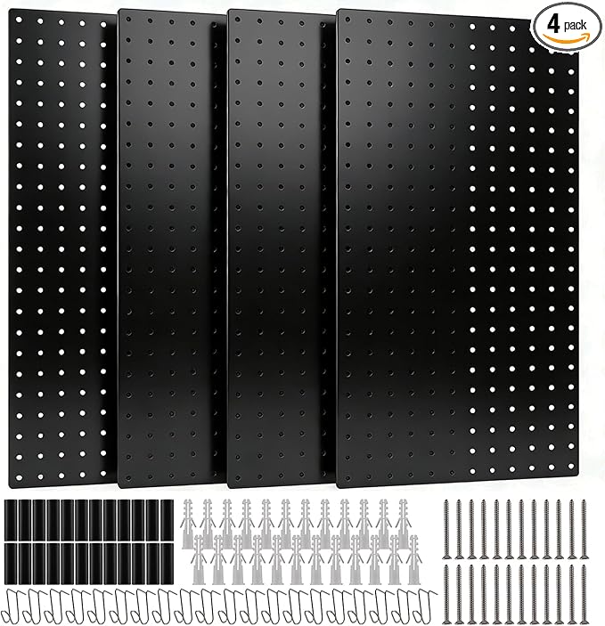 DEWEL Peg Board, 23" x 12" Metal Pegboard Wall Organizer Kit, 4 Pack Pegboard Panels with 20 Hooks,Black Pegboard Tool Wall Organizer System for Garage and Garden(4pcs black)