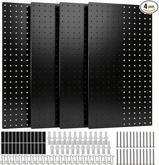 DEWEL Peg Board, 23" x 12" Metal Pegboard Wall Organizer Kit, 4 Pack Pegboard Panels with 20 Hooks,Black Pegboard Tool Wall Organizer System for Garage and Garden(4pcs black)