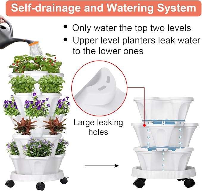 GameXcel Vertical Planter Tower - 5 Tier Stackable Garden Planters with Wheels and Tools Plant Pots for Strawberry Herb Flower and Vegetable Indoor Outdoor Use White