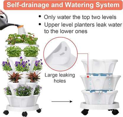GameXcel Vertical Planter Tower - 5 Tier Stackable Garden Planters with Wheels and Tools Plant Pots for Strawberry Herb Flower and Vegetable Indoor Outdoor Use White