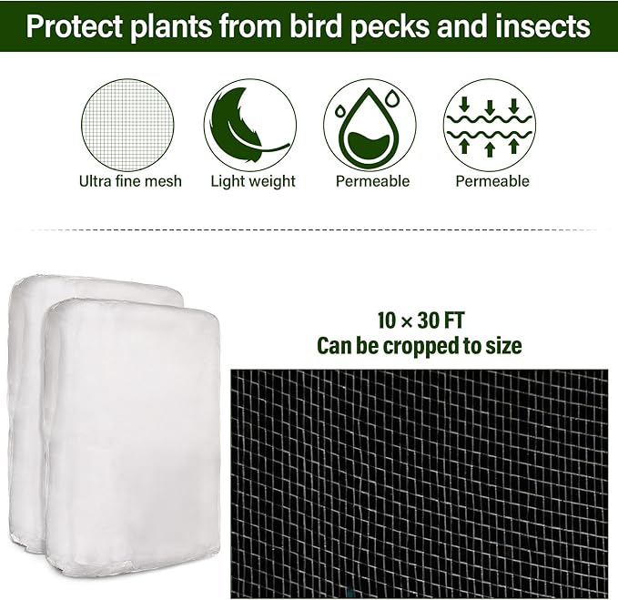 Woanger 2 Set Garden Netting Kit for Raised Beds Ultra Fine Mesh Netting with 100 Hoops 72 Clips 80 Connectors for Garden Row Cover Vegetable Flowers Protection Barrier Plant Covers(10 x 33 ft)