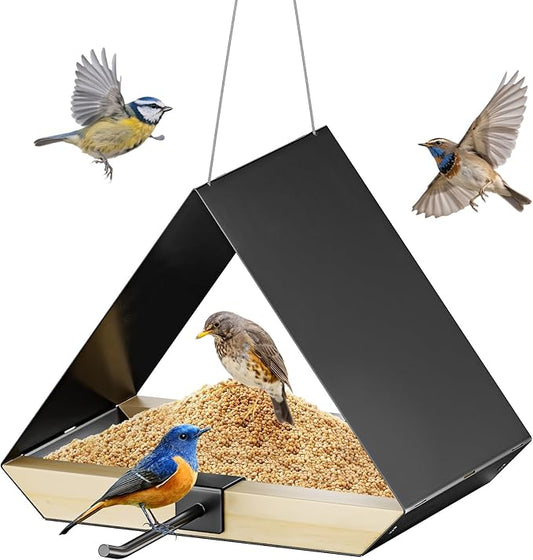 HOSUN Black Sturdy Metal Roof Bird Feeder - Durable Outdoor Hanging, Easy to Clean, Metal Mesh Ventilated, Bird Watching Gift & Garden Decor for Cardinals, Bluebirds & Wild Birds