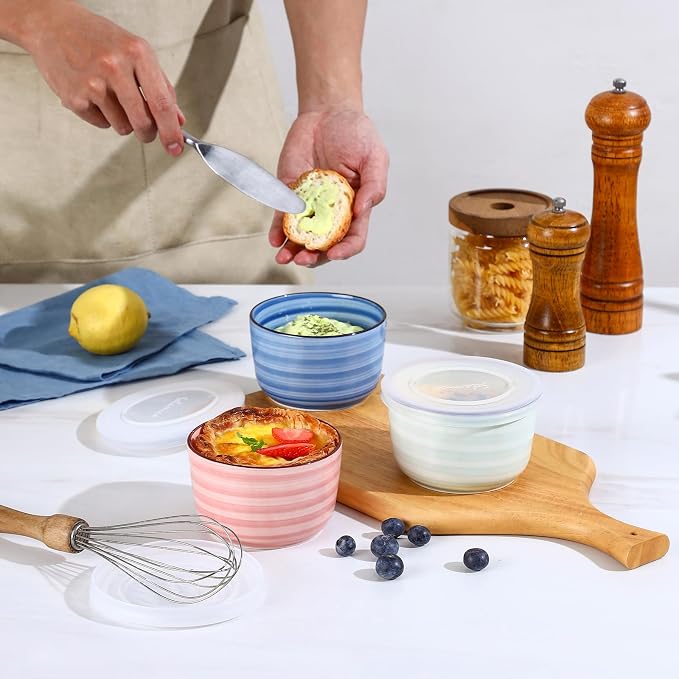 Selamica Ceramic Ramekins with Lids, 10 OZ Creme Brulee Ramekins with Covers Oven Safe, Custard Cups Small Baking Bowls for Souffle, Pudding, Onion Soup, Dips, Set of 6, Gradient Color