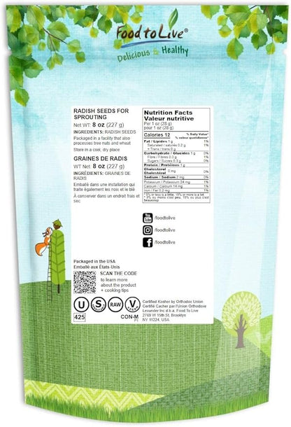 Food to Live Radish Seeds for Sprouting, 8 Ounces – Edible Seeds, Pure, Vegan, Kosher, Bulk. Rich in Vitamin C. High Germitation Rate. Grow Sprouts, and Microgreens for Salad, Sandwiches, Rolls.