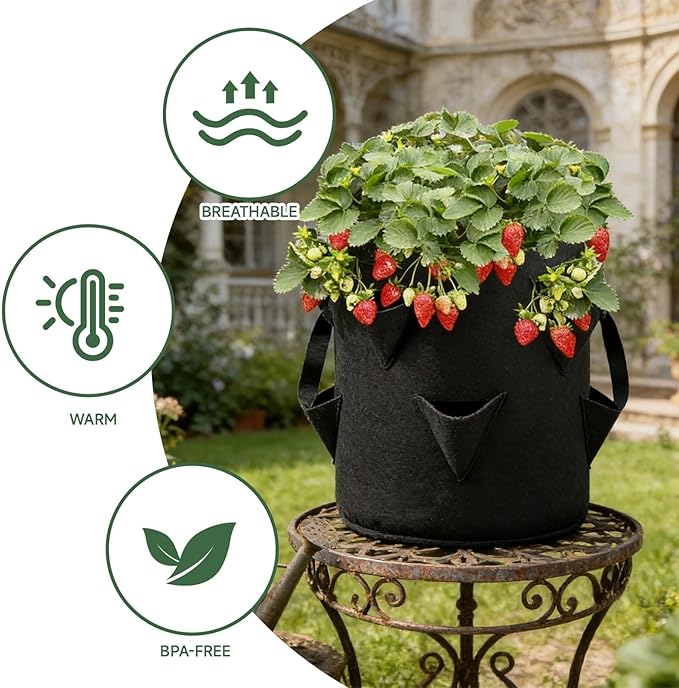 5PCS 10 gallon Strawberry Growing Grow Bags, Strawberry Planter, Complete Gardening Set for Strawberries, Portable Strawberry Planters with Tools, Durable Felt Fabric Design for Home Gardening