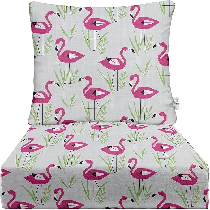 RSH DECOR Deep Seating Cushion with Pillow Back | 22” x 25” Seat | Water and Fade-Resistant Spun Fabric | Outdoor Chair Cushion Set for Patio Furniture | Groove Fusion Pink Flamingo
