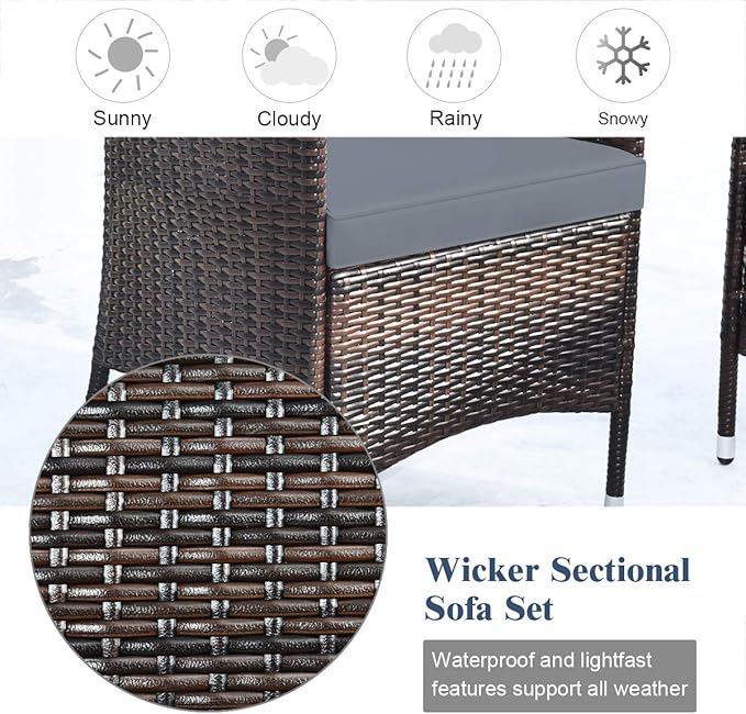 Goplus 4-Piece Rattan Patio Set, Outdoor/Indoor Wicker Conversation Set for Pool, Backyard, Lawn, Wicker Chairs and Sofa with Soft Cushion, Rattan Furniture with Tempered Glass Coffee Table