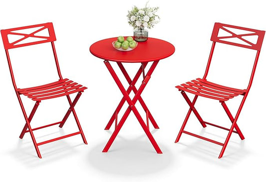 GarveeTech 3-Piece Folding Bistro Set, Heavy Duty Outdoor Patio Furniture with 2 Chairs & 1 Table, Weather-Resistant Steel Frame, No Assembly Required for Garden, Yard, Balcony,Red