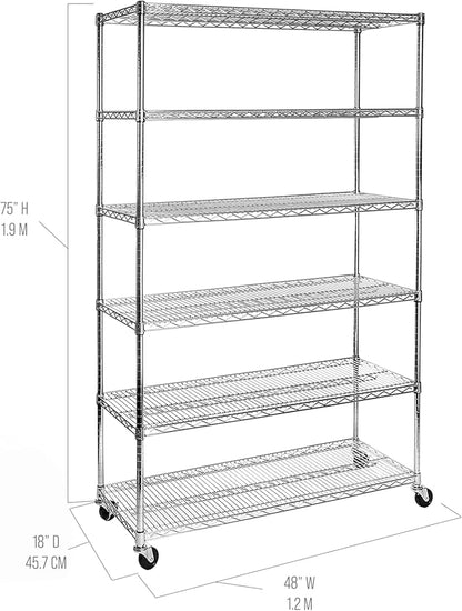 Seville Classics UltraDurable Heavy Duty NSF Solid Steel Wire Rack Storage Unit Wheels, 6-Tier Shelving, 48" W x 18" D