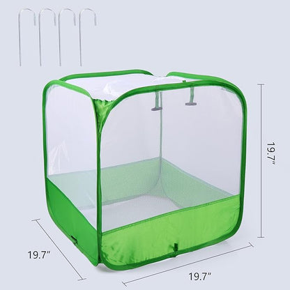 Mesh Plant Cover for Outdoor, Plant Netting Protector Garden Cover Cloche for Fruit, Vegetables, Strawberry, Flowers and Herbs Pop-Up Cage with 4 Stakes (White with Green, 19.7" x 19.7" x 19.7")