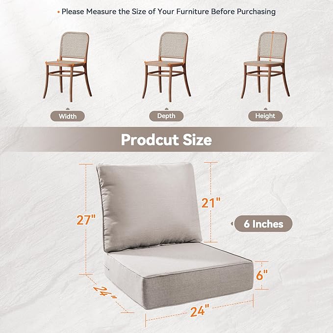 Luxury 6" Outdoor Cushions for Patio Furniture, 24x24x6" Thick Seat Cushion Set of 6, Fade Resistant Couch Chair Replacement Cushions High Density Deep Wicker Chair Cushion w/ Removable Cover, Beige