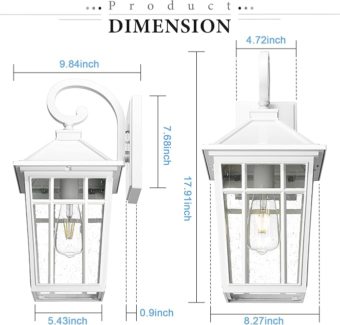 Darkaway Large Outdoor Wall Lights for House, 18inch Exterior Lighting Fixtures 2pcs Wall Mount Outdoor Porch Lights White Outdoor Sconce Lights with Seeded Glass for Hallway Garage