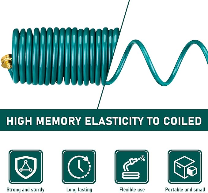 Pangda 50 Ft x 3/8'' Coil Garden Hose EVA Recoil Garden Self Coiling Expanding Water Hose with 6 Function Spray Nozzle Universal 3/4'' Brass Connector Fitting for Outdoor Yard(Green)