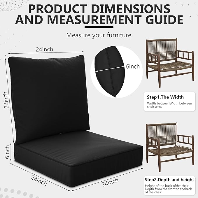 24" x 24" x 6" Outdoor Deep Seat Cushions Set - 4 Set Waterproof & Fade Resistant Patio Furniture Replacement Cushions, Non-Slip Outdoor Cushions Fit Loveseats, Couches, Chairs, and Sofas.