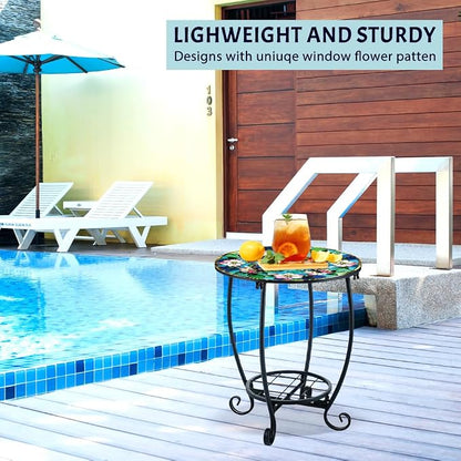 Outdoor Metal Side Table 13.3" W x 16.9" H Small Round Patio Table Printed with Butterfly Pattern for Balcony,Terrace,Garden