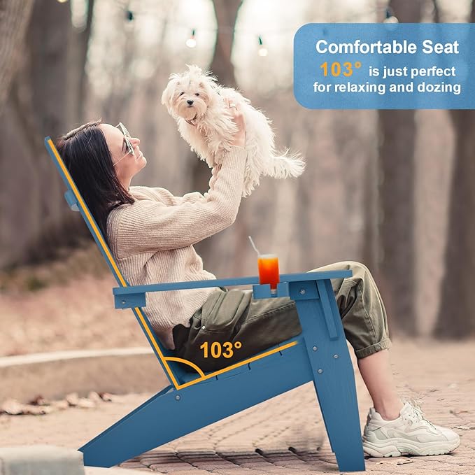 MXIMU Modern Adirondack Chairs Set of 8 Weather Resistant with Cup Holder Oversize Plastic Fire Pit Chairs Plastic Outdoor Chairs for Firepit Area Seating (Navy)