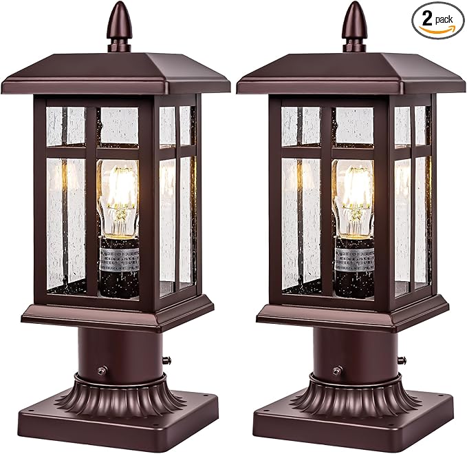 Bronze Post Light 2 Packs, Hardwired Anti-Rust Exterior Light Fixture Brown, Waterproof Outside Lamp Post with Pier Mount, Exterior Pole Lantern for Garden Yard Patio Path