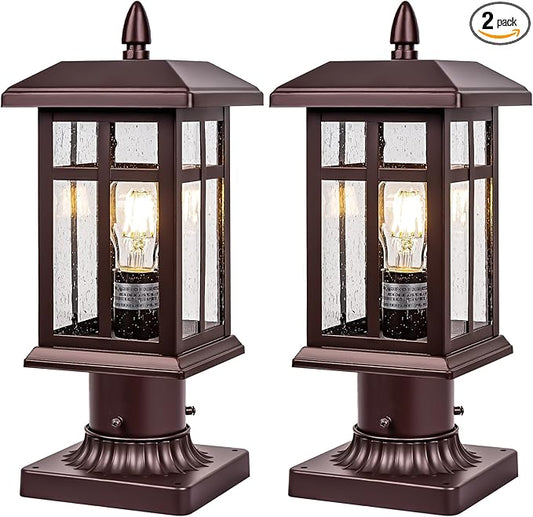 Bronze Post Light 2 Packs, Hardwired Anti-Rust Exterior Light Fixture Brown, Waterproof Outside Lamp Post with Pier Mount, Exterior Pole Lantern for Garden Yard Patio Path