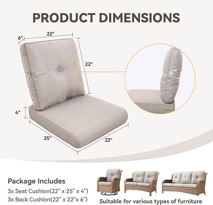 Patio Cushions for Outdoor Furniture - 22" x 25" x 4" UV Resistant Thick Foam Cushions Water Resistant Replacement Cushion for Outdoor Patio Furniture Chair/Sofa/Couch | Beige | 3-Pack |