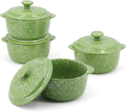 Oven-Safe 4-Pack Mini Ceramic Casserole Dishes (10 Oz Each) - With Lids & Handles - Ideal for Souffle, Soup, Cobbler, Stoneware Baking Ramekins for Individual Servings,Green