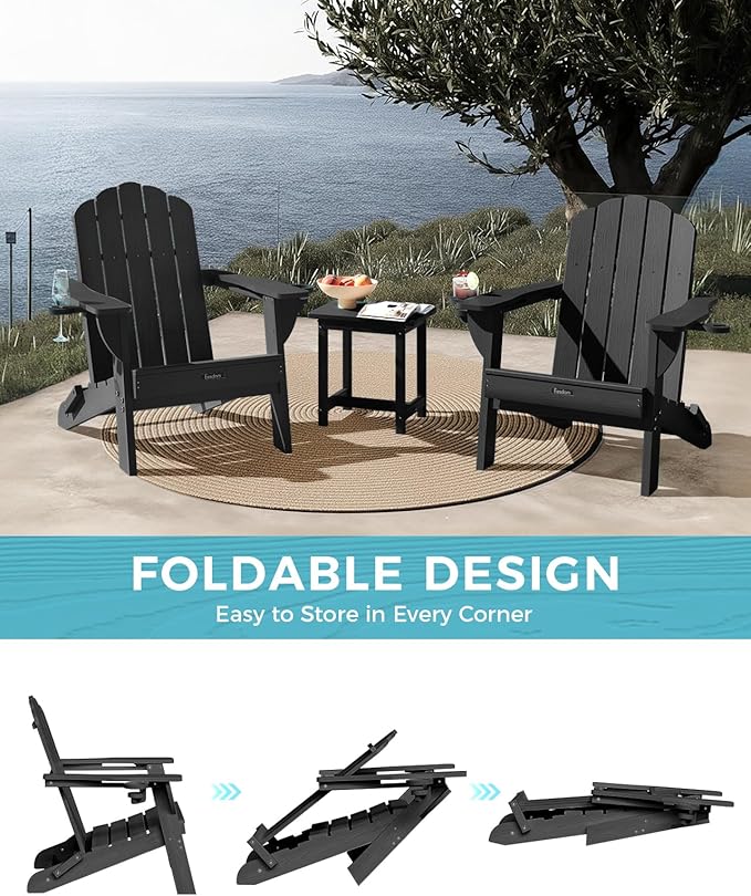 Folding Adirondack Chairs Set of 4,All-Weather HDPE Fire Pit Chair with 2 Cup Holders, Plastic Outdoor Chair for Patio Deck Garden Lawn, Black
