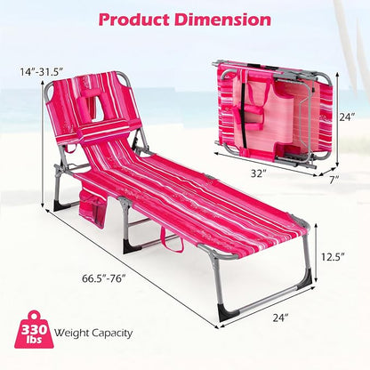 GYMAX Tanning Chair with Face Hole, Sun Bathing Lounge Chairs for Outside with Side Pocket, Folding Portable Face Down Layout Tanning Chair Beach, Backyard, Poolside, Lawn (Pink Stripe,1)