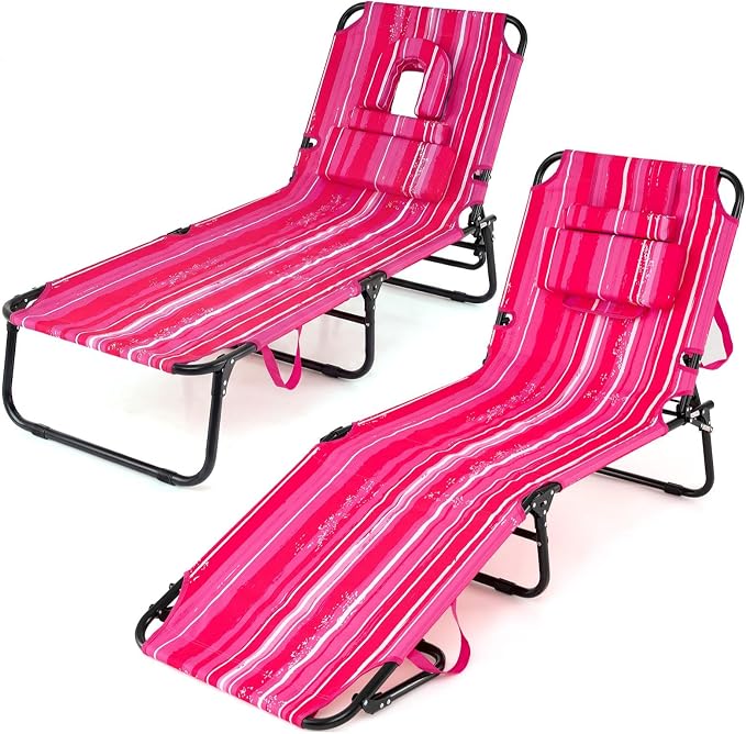 Giantex 2-Pack Tanning Chair, 350lbs Adjustable Patio Lounge Chair w/Face Hole, Removable Pillows, Carry Strap, Outdoor Folding Chaise Lounge for Layout Beach Poolside Lawn, Stripe Pink