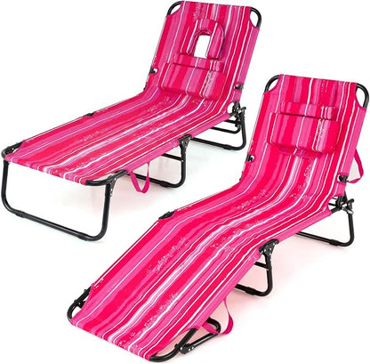 Giantex 2-Pack Tanning Chair, 350lbs Adjustable Patio Lounge Chair w/Face Hole, Removable Pillows, Carry Strap, Outdoor Folding Chaise Lounge for Layout Beach Poolside Lawn, Stripe Pink
