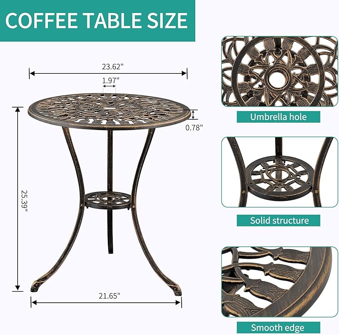 3-Piece Outdoor Bistro Set Cast Aluminum Patio bar Set with Umbrella Hole, Balcony, Backyard (Bronze, Tulip)