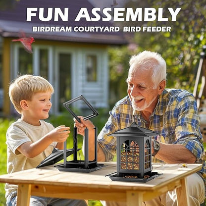 Birdream 2 Pack Bird Feeders for Outdoor Hanging, Assembly Required, 1-Min Easy Setup, Classic Courtyard Design, Attracting Cardinals Chickadees Goldfinches & Sparrows, Total 7 LB - Black