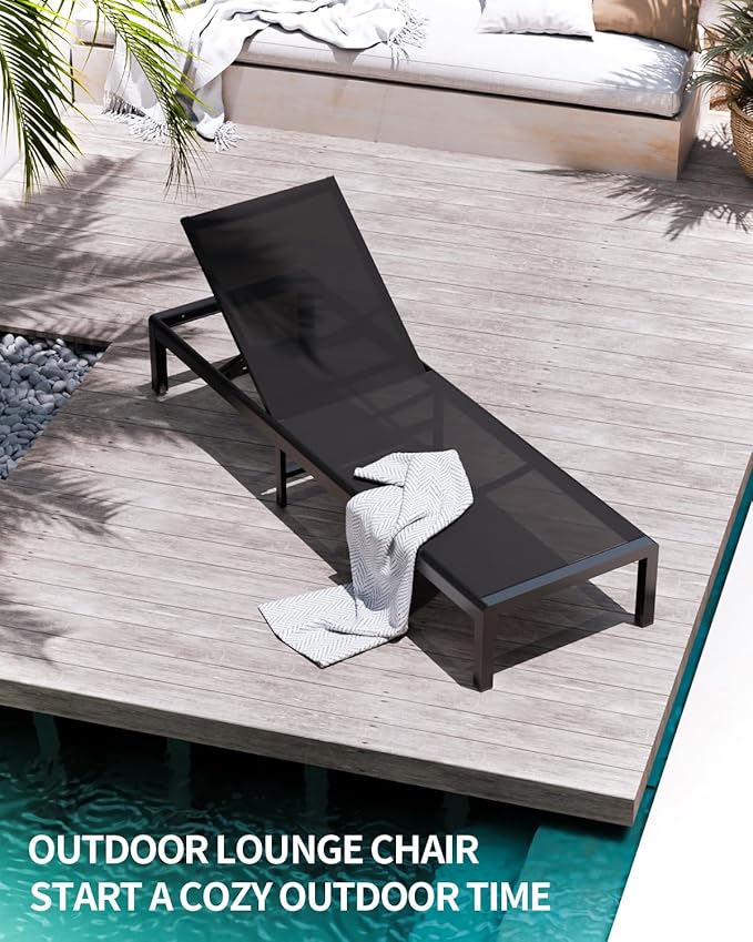 Aluminum Lounge Chairs Outdoor Chaise Furniture,2 Sets Patio Metal Deck Lounger Adjustable 5-Position Poolside Chase Recliner with Wheels for Beach,Coffee Table, (Black, 2 Chairs + Table)