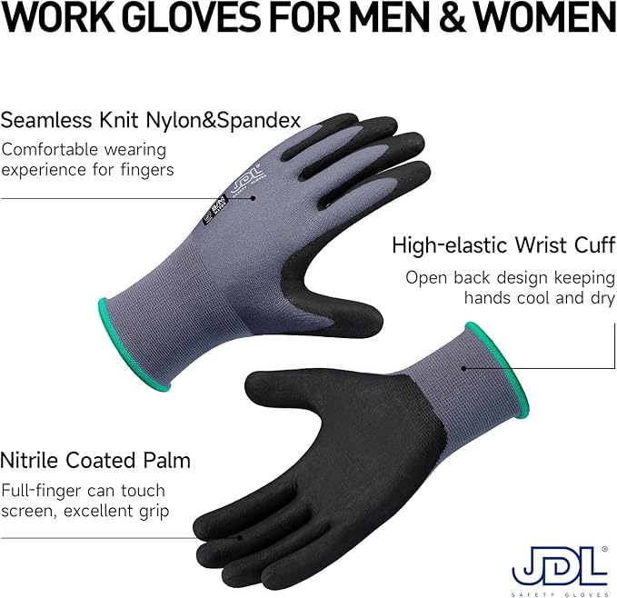 JDL Safety Work Gloves MicroFoam Nitrile Coated 3 Pairs, Seamless Knit Nylon Gloves with Touchscreen Fingers, Non-slip Working Gloves for Women Men, Ideal for Gardening, General Purpose, Grey, Large