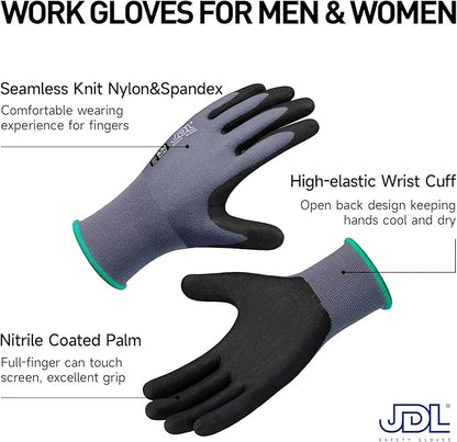 JDL Safety Work Gloves MicroFoam Nitrile Coated 3 Pairs, Seamless Knit Nylon Gloves with Touchscreen Fingers, Non-slip Working Gloves for Women Men, Ideal for Gardening, General Purpose, Grey, Large