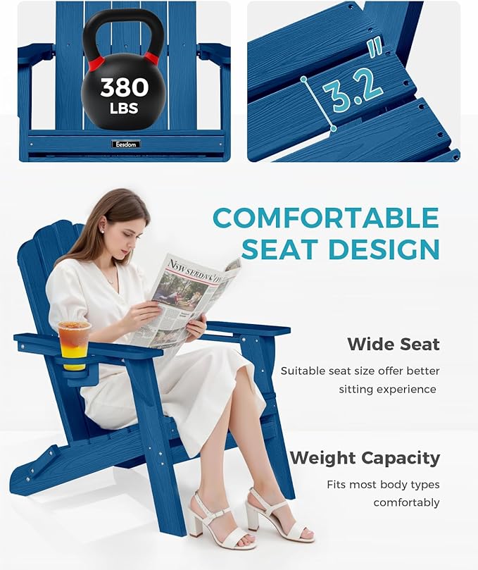Folding Adirondack Chair,All-Weather HDPE Fire Pit Chair with 2 Cup Holders, Plastic Outdoor Chair for Patio Deck Garden Lawn, NavyBlue